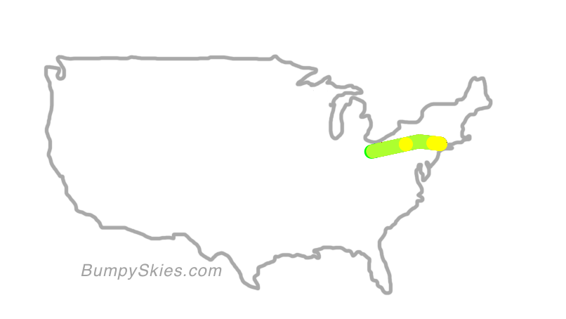 Map of continental US with illustrated flight path and turbulence forecast (described in text below)