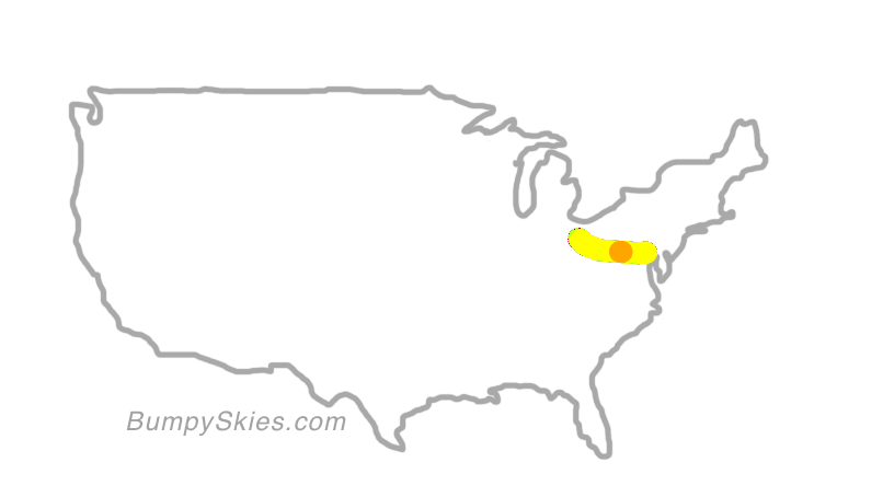 Map of continental US with illustrated flight path and turbulence forecast (described in text below)