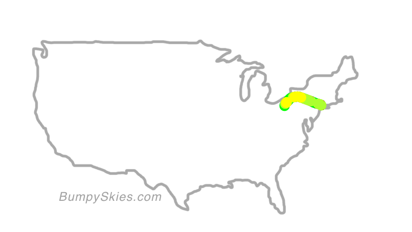 Map of continental US with illustrated flight path and turbulence forecast (described in text below)