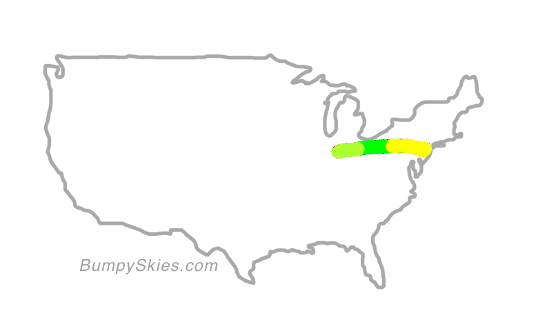 Map of continental US with illustrated flight path and turbulence forecast (described in text below)