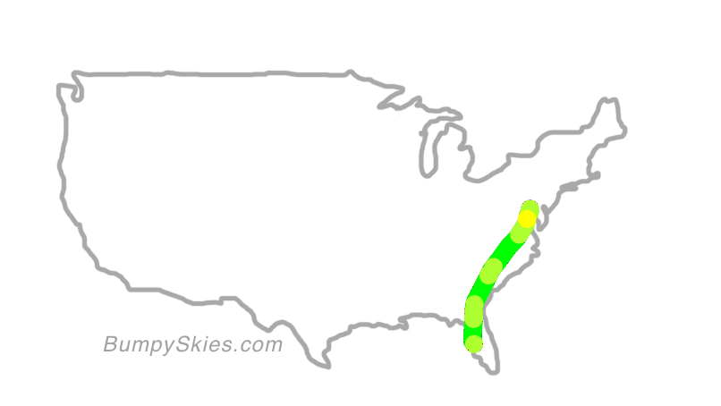 Map of continental US with illustrated flight path and turbulence forecast (described in text below)