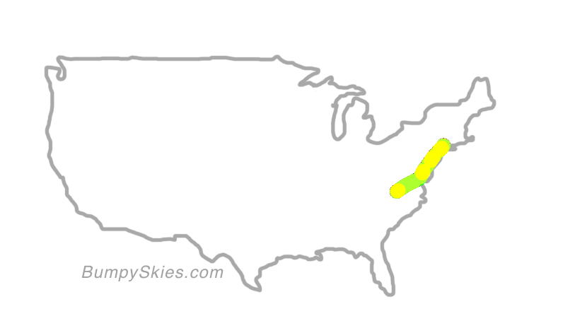 Map of continental US with illustrated flight path and turbulence forecast (described in text below)