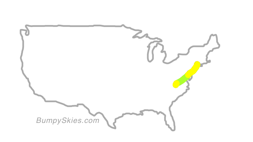 Map of continental US with illustrated flight path and turbulence forecast (described in text below)