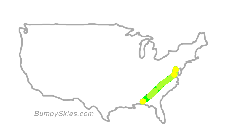 Map of continental US with illustrated flight path and turbulence forecast (described in text below)