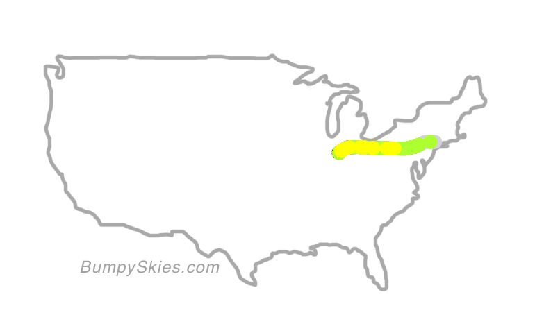 Map of continental US with illustrated flight path and turbulence forecast (described in text below)