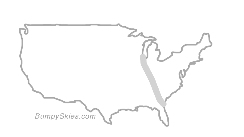 Map of continental US with illustrated flight path and turbulence forecast (described in text below)