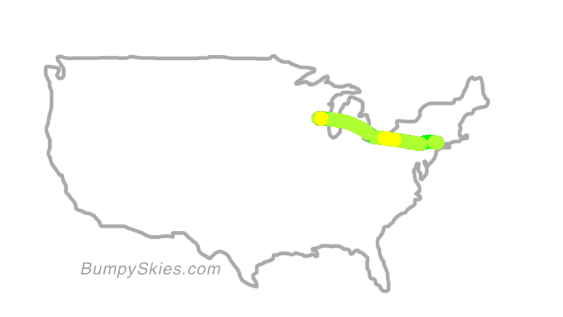 Map of continental US with illustrated flight path and turbulence forecast (described in text below)