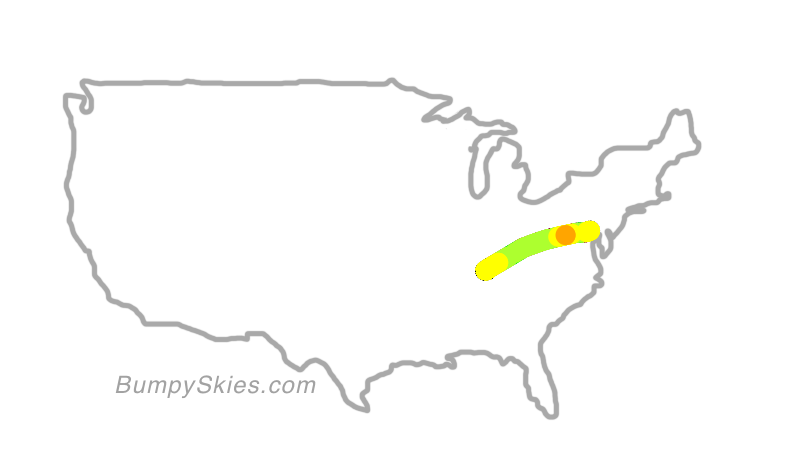 Map of continental US with illustrated flight path and turbulence forecast (described in text below)