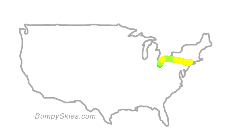 Map of continental US with illustrated flight path and turbulence forecast (described in text below)