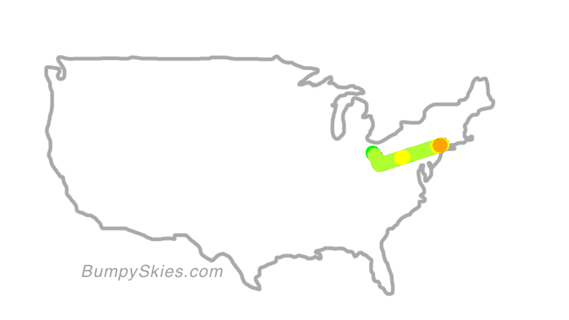 Map of continental US with illustrated flight path and turbulence forecast (described in text below)