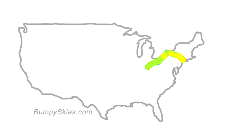 Map of continental US with illustrated flight path and turbulence forecast (described in text below)