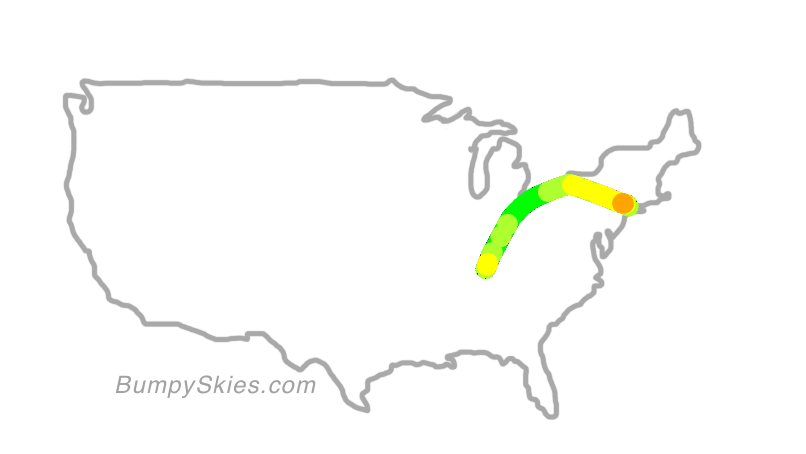 Map of continental US with illustrated flight path and turbulence forecast (described in text below)