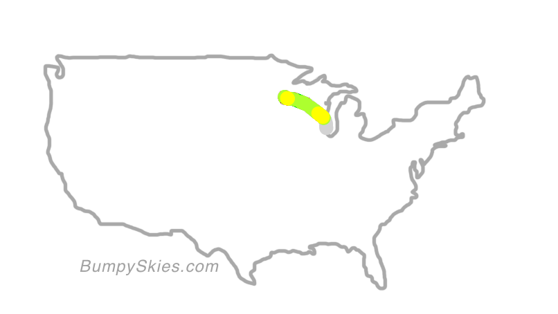 Map of continental US with illustrated flight path and turbulence forecast (described in text below)