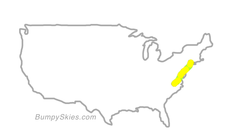 Map of continental US with illustrated flight path and turbulence forecast (described in text below)