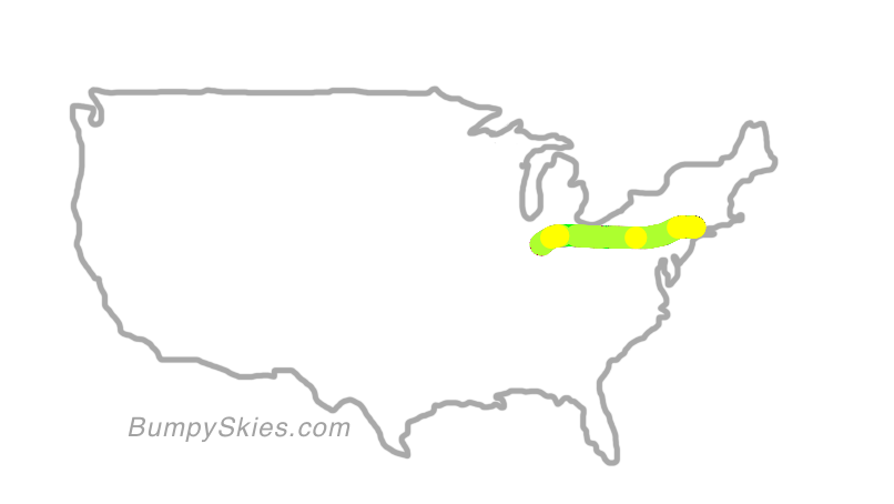 Map of continental US with illustrated flight path and turbulence forecast (described in text below)