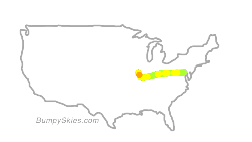 Map of continental US with illustrated flight path and turbulence forecast (described in text below)