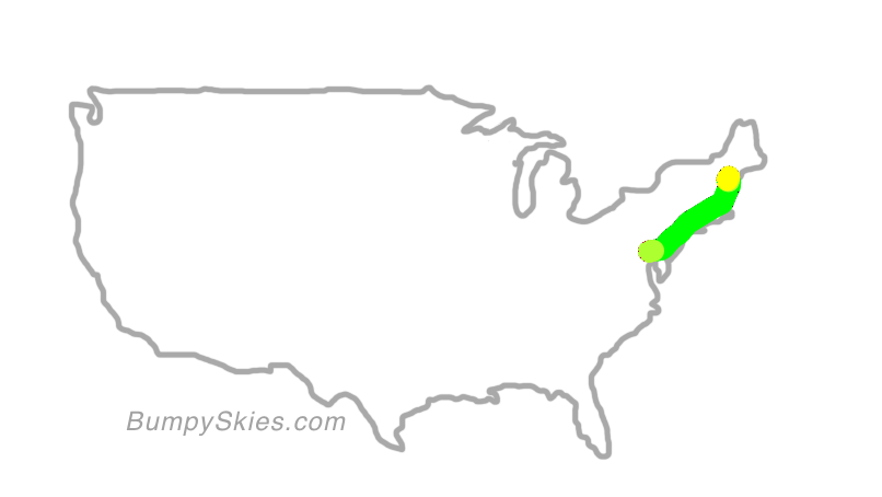 Map of continental US with illustrated flight path and turbulence forecast (described in text below)
