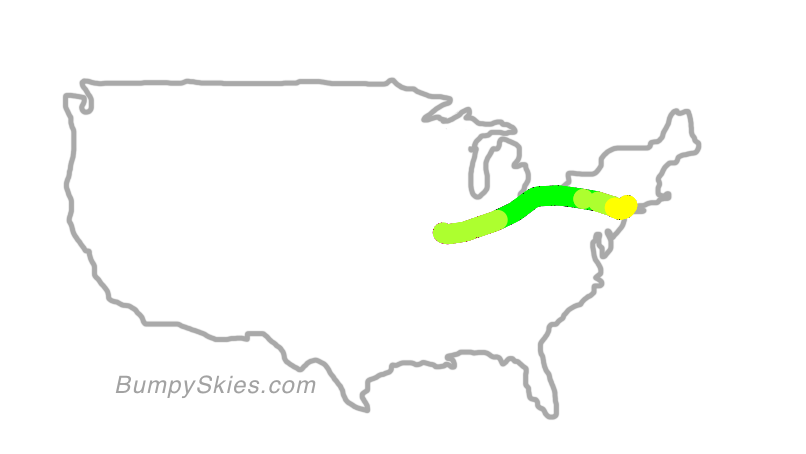 Map of continental US with illustrated flight path and turbulence forecast (described in text below)