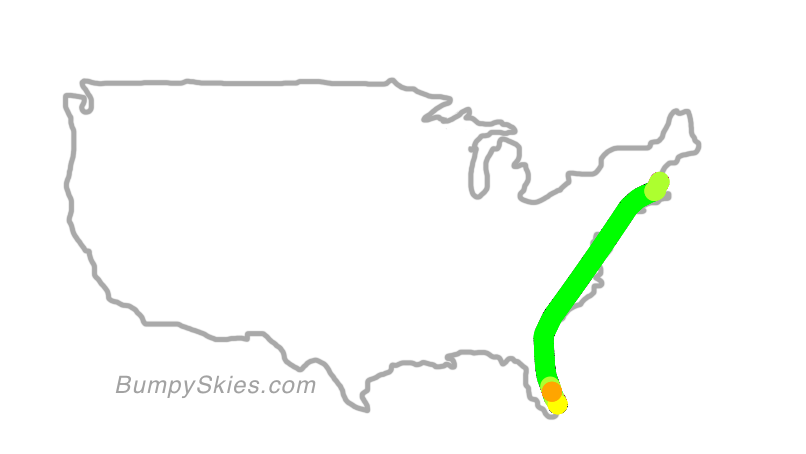 Map of continental US with illustrated flight path and turbulence forecast (described in text below)
