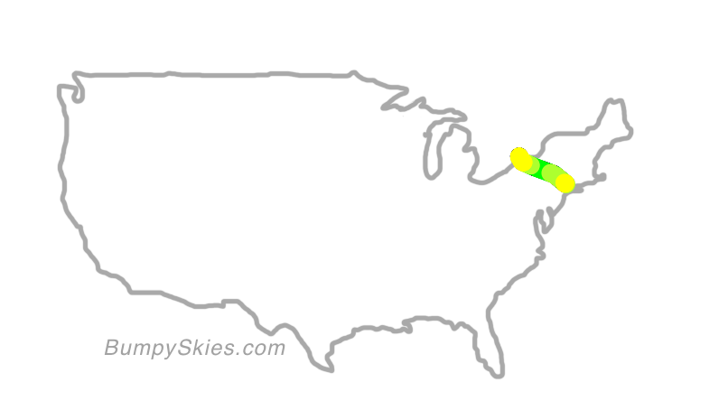 Map of continental US with illustrated flight path and turbulence forecast (described in text below)