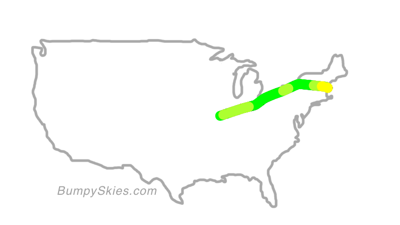Map of continental US with illustrated flight path and turbulence forecast (described in text below)