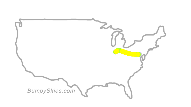 Map of continental US with illustrated flight path and turbulence forecast (described in text below)