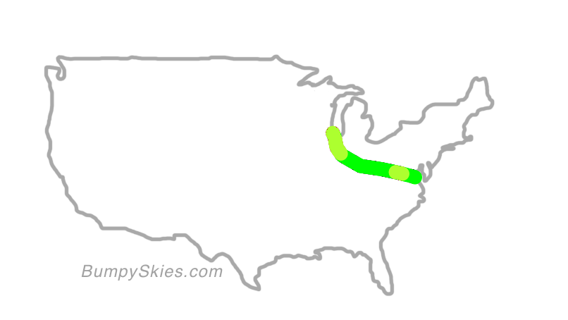 Map of continental US with illustrated flight path and turbulence forecast (described in text below)