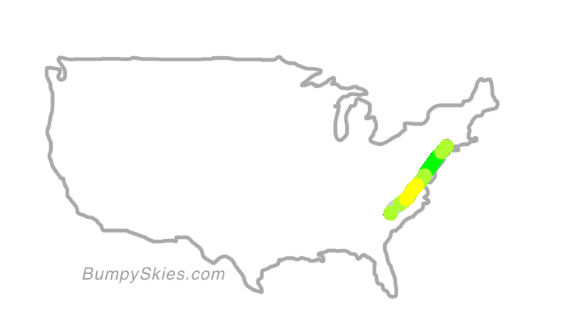 Map of continental US with illustrated flight path and turbulence forecast (described in text below)