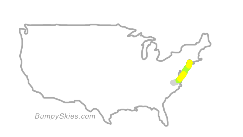 Map of continental US with illustrated flight path and turbulence forecast (described in text below)