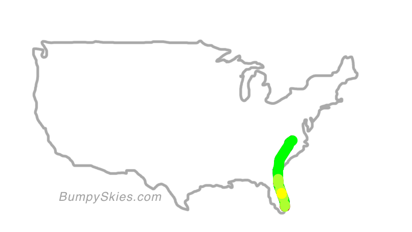 Map of continental US with illustrated flight path and turbulence forecast (described in text below)