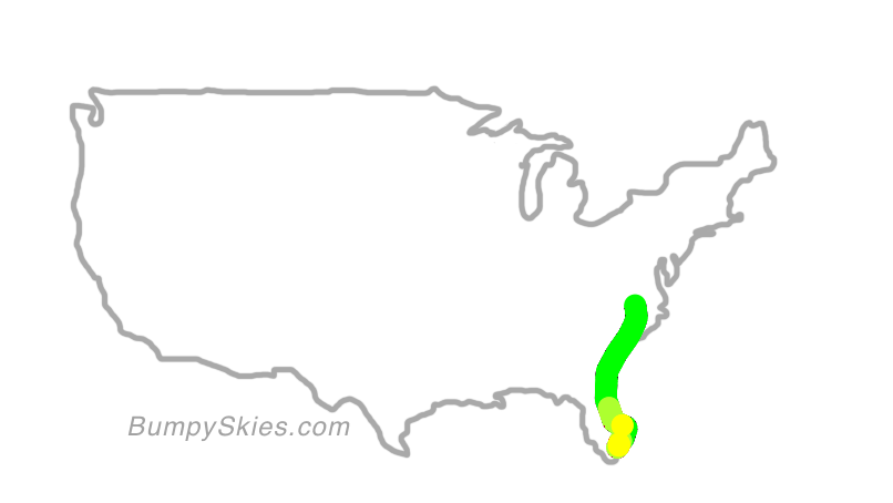 Map of continental US with illustrated flight path and turbulence forecast (described in text below)