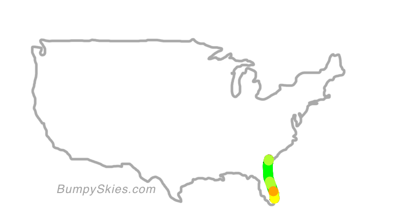 Map of continental US with illustrated flight path and turbulence forecast (described in text below)