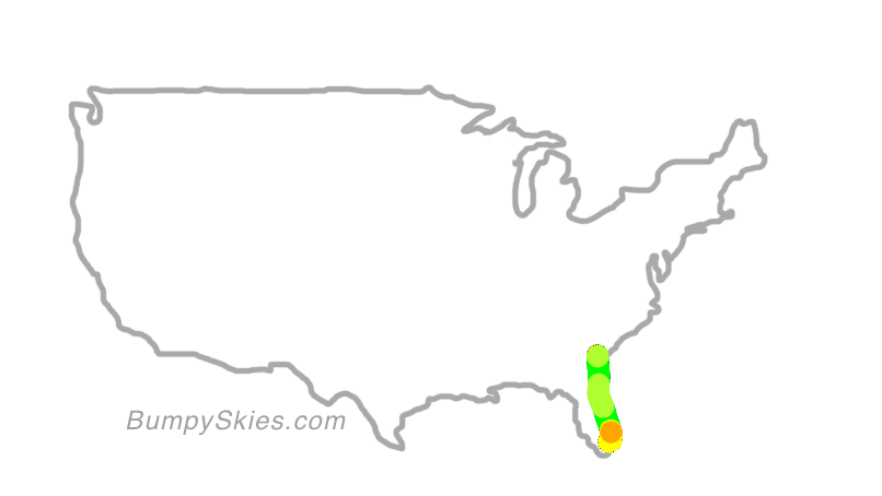 Map of continental US with illustrated flight path and turbulence forecast (described in text below)