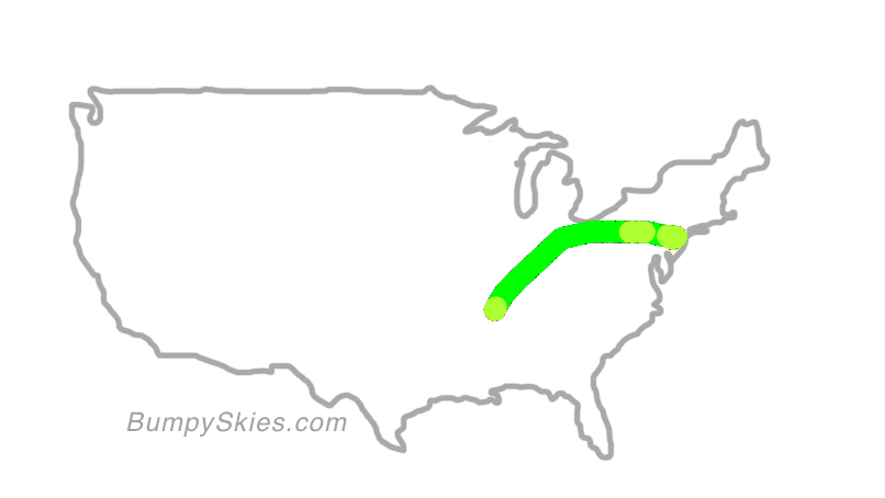 Map of continental US with illustrated flight path and turbulence forecast (described in text below)