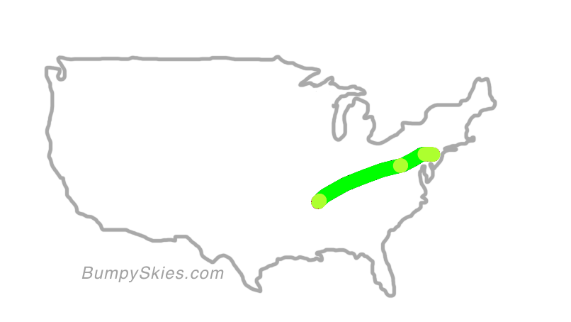 Map of continental US with illustrated flight path and turbulence forecast (described in text below)