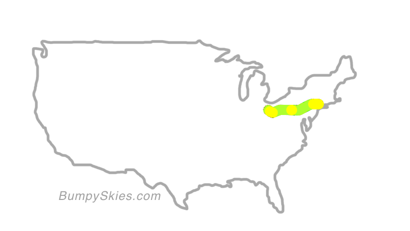 Map of continental US with illustrated flight path and turbulence forecast (described in text below)
