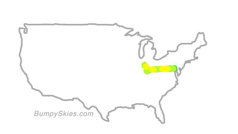 Map of continental US with illustrated flight path and turbulence forecast (described in text below)