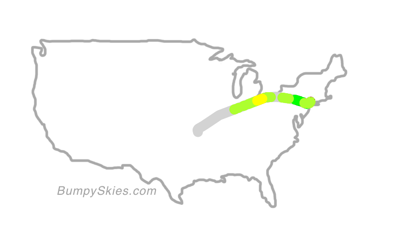 Map of continental US with illustrated flight path and turbulence forecast (described in text below)