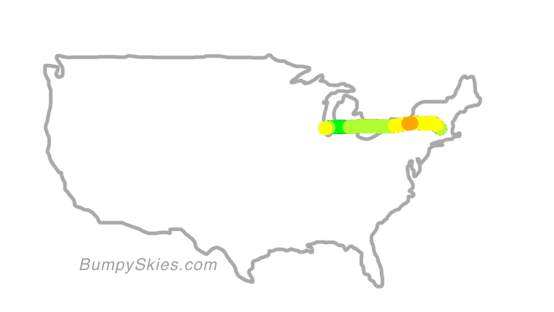 Map of continental US with illustrated flight path and turbulence forecast (described in text below)