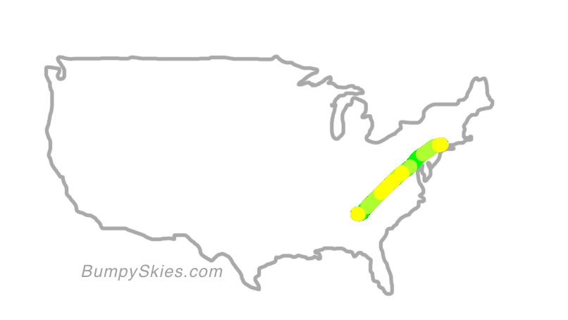 Map of continental US with illustrated flight path and turbulence forecast (described in text below)