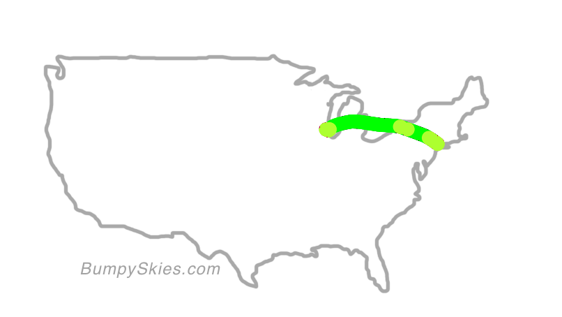 Map of continental US with illustrated flight path and turbulence forecast (described in text below)