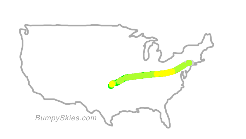Map of continental US with illustrated flight path and turbulence forecast (described in text below)