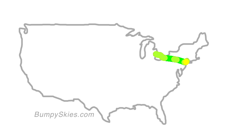 Map of continental US with illustrated flight path and turbulence forecast (described in text below)
