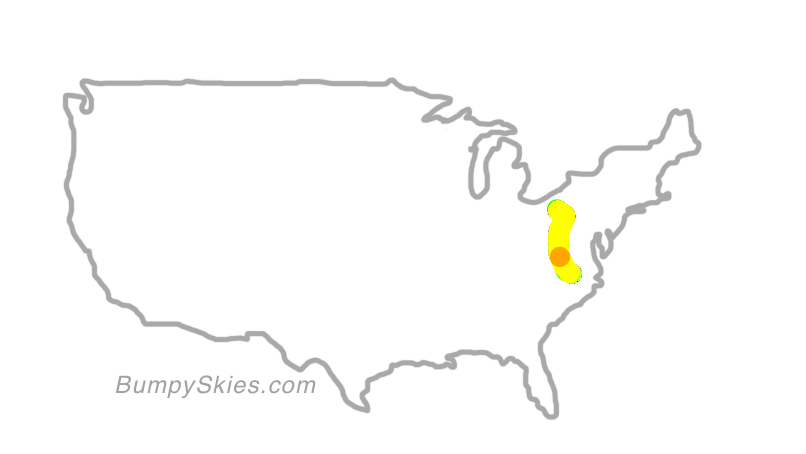 Map of continental US with illustrated flight path and turbulence forecast (described in text below)