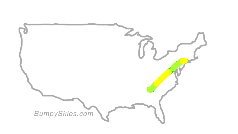 Map of continental US with illustrated flight path and turbulence forecast (described in text below)
