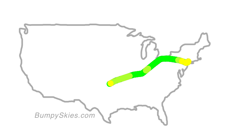 Map of continental US with illustrated flight path and turbulence forecast (described in text below)