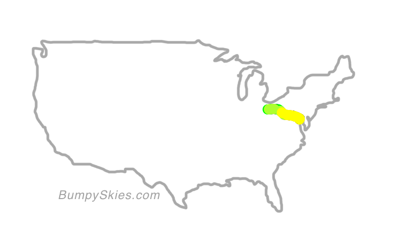 Map of continental US with illustrated flight path and turbulence forecast (described in text below)