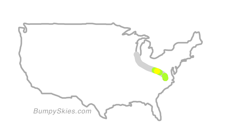 Map of continental US with illustrated flight path and turbulence forecast (described in text below)