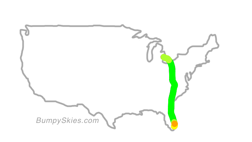 Map of continental US with illustrated flight path and turbulence forecast (described in text below)