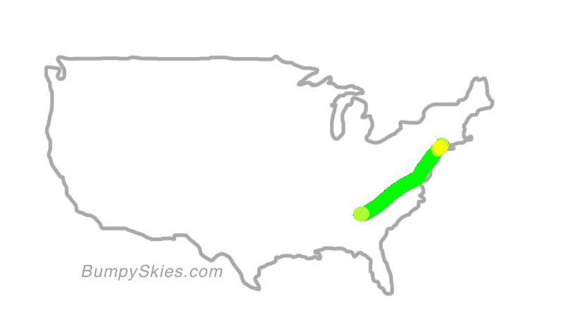 Map of continental US with illustrated flight path and turbulence forecast (described in text below)